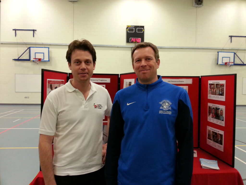 L to R Dr Vincent Gabus (CRY Research Fellow)  with Robert Armstrong (Head of Sports Loreto College)