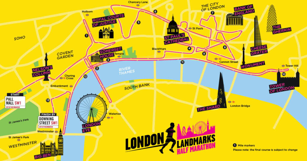 Map Of The London Landmarks Half Marathon Route Starting At Pall Mall And Ending By Downing Street 2 1024x538 