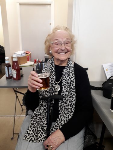 Rory's Grandma enjoying a taste of her sponsored real ale, Rory's Return